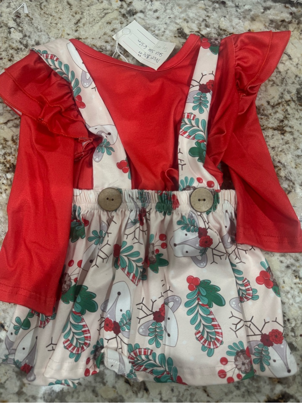 Girls Red Ruffle Sleeve Top with Festive Print Suspender Skirt